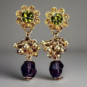 Beautiful goldtone, green and blue dangle pierced statement earrings